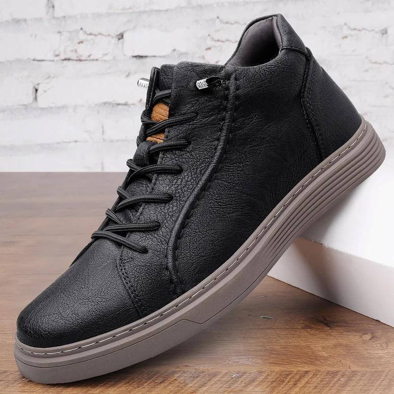 Fashion Non-Slip Versatile Men Sneakers Lace Up Genuine Leather Casual Shoes High Top Walking Shoes Warm Winter Man Ankle Boots Trainers