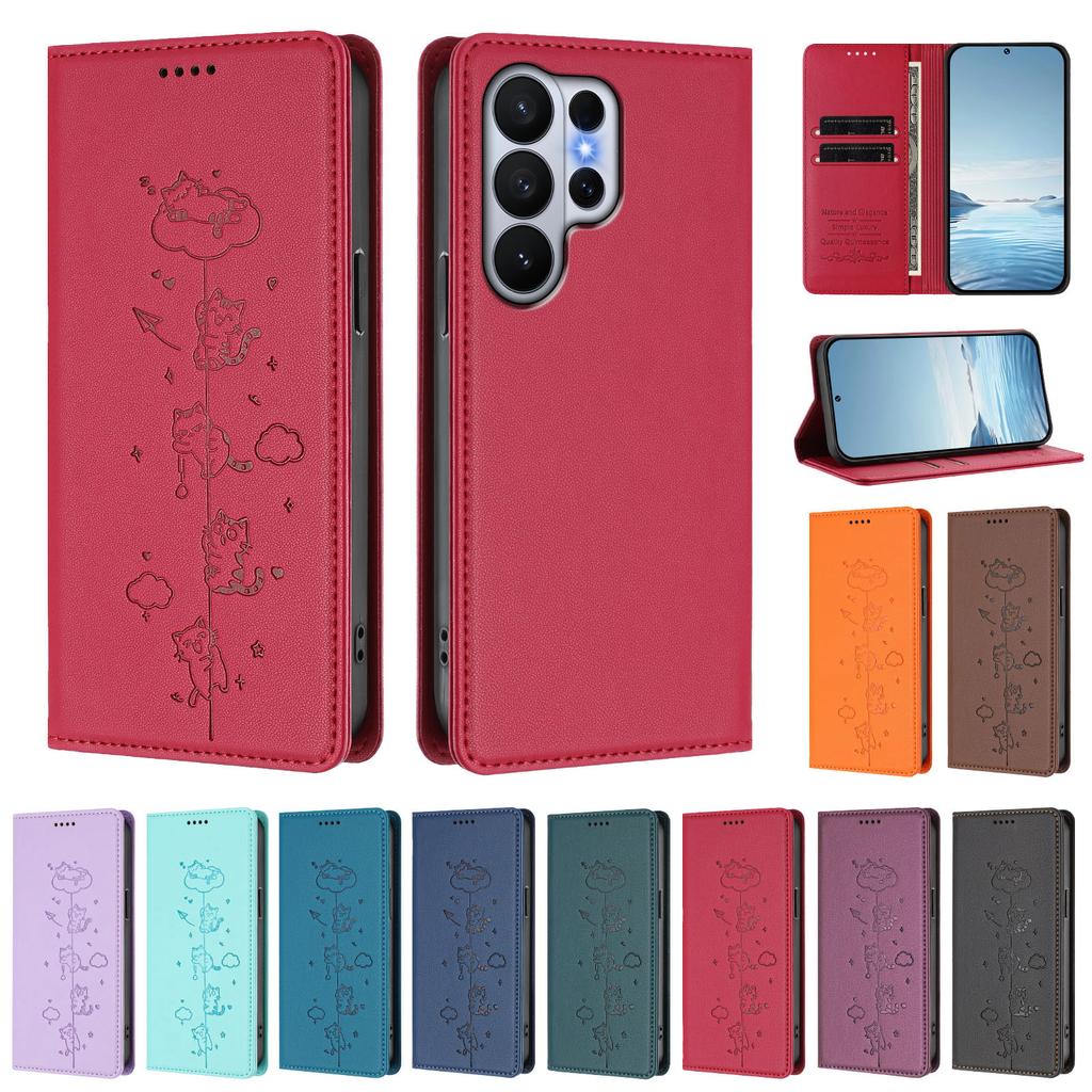 Strong Magnetic Cute Cat Cards Solt Wallet Leather Phone Case For Samsung S26 Ultra Edge S25 Plus S24 FE A56 Kickstand Cover