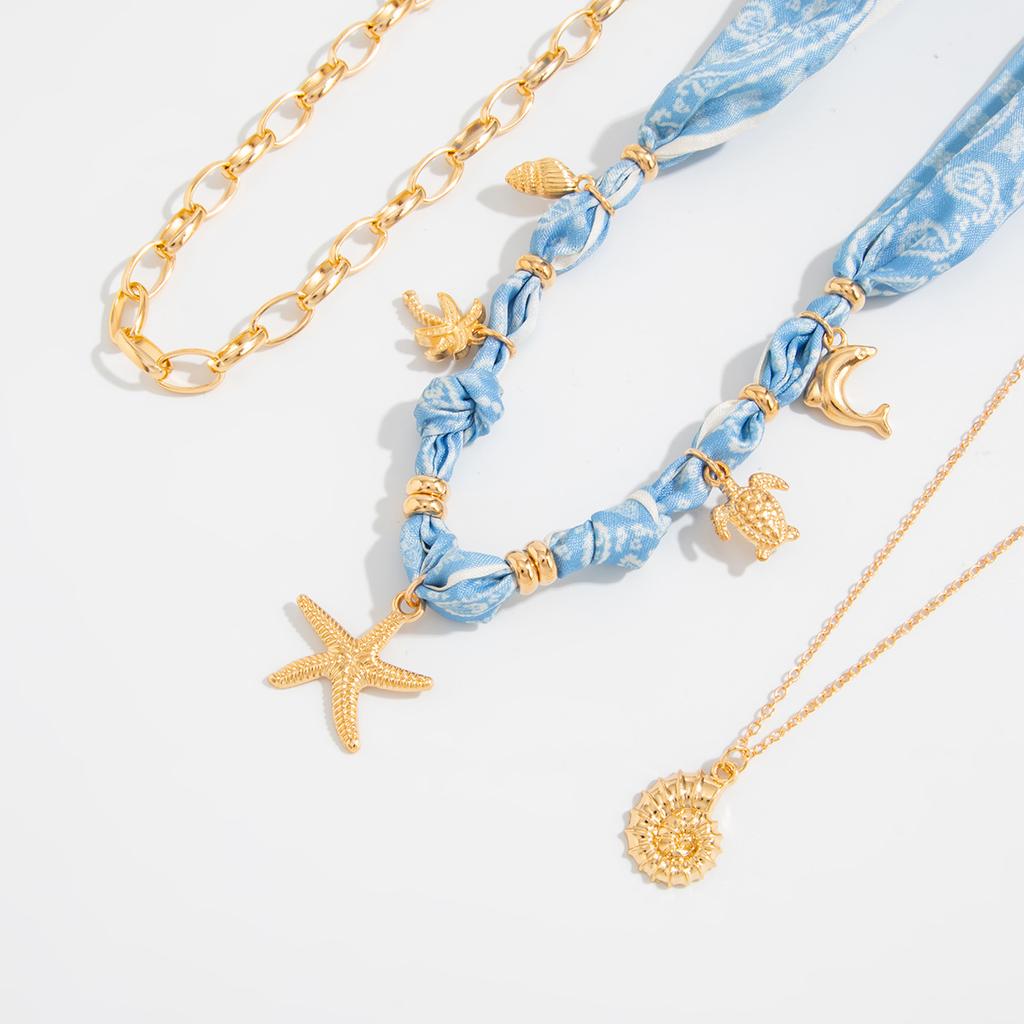 Ocean Style Sea Star Conch Pendant Necklace Sweet Cool Style Geometric Splicing Clavicle Chain