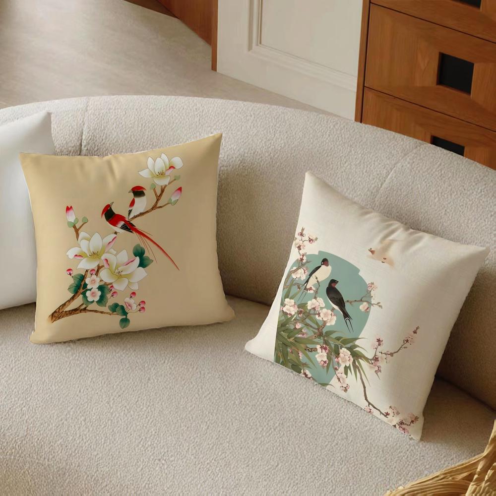 C-Chinese Style Simple Bird Flowers Cushion Cover Pillowcase Anti-Dustmite Living Room Sofa Decor Cushion Room