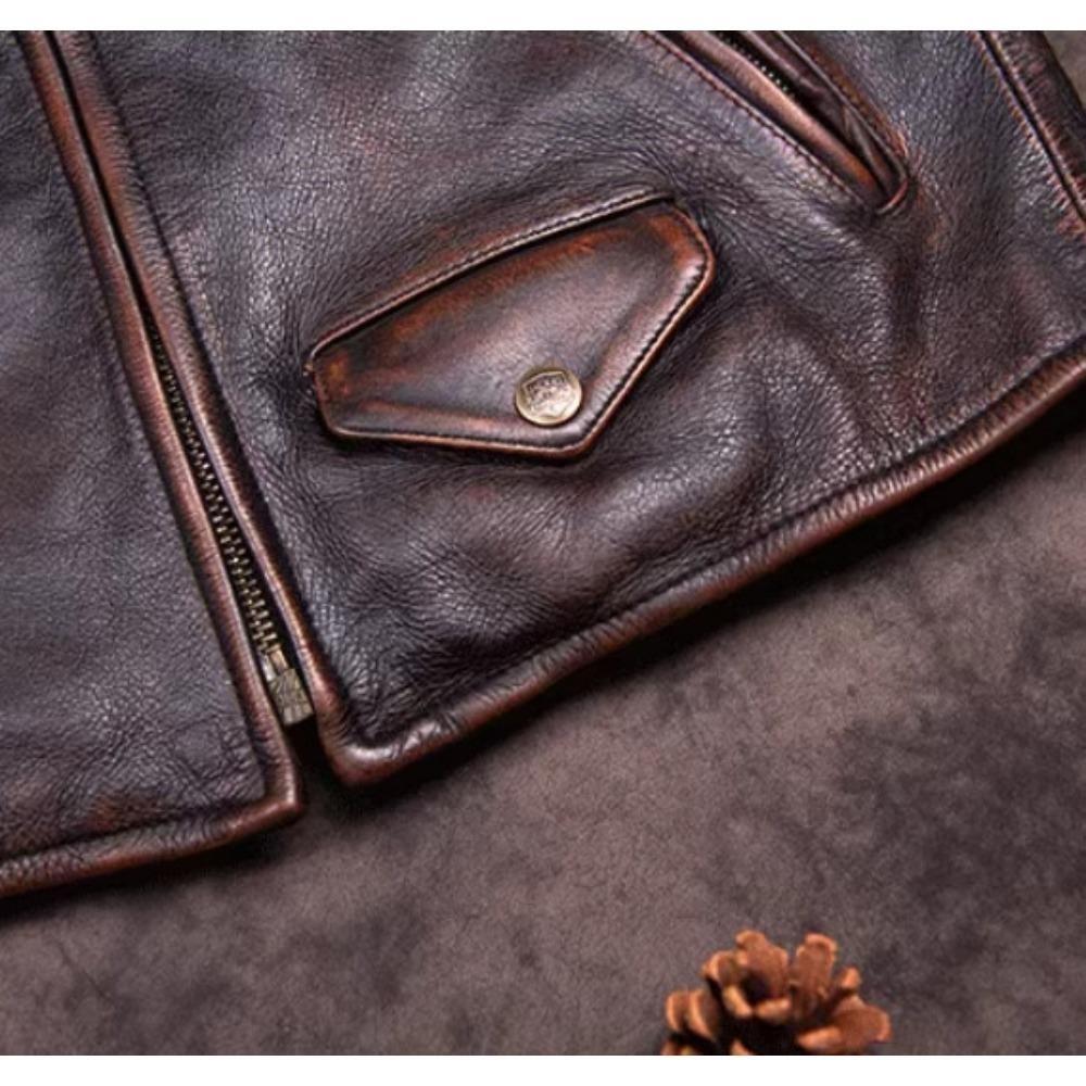 Chinese Size Vintage Men Genuine Leather Jacket Tea Core Cowhide Thickness 1.6mm Tanned Oil Waxed Real Leather Jacket Heavy Thick