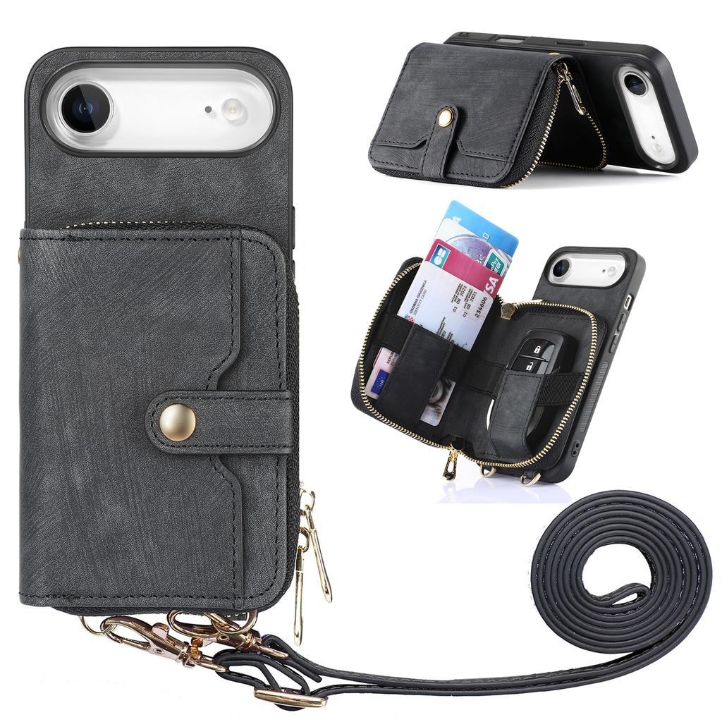 For iPhone Air PU Leather Phone Back Cover with Zipper Card Holder and Long Strap