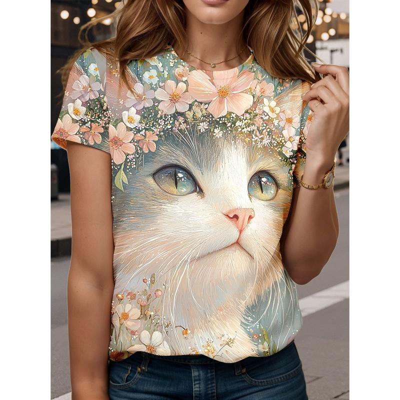 Letní dámská trička s kulatým výstřihem, 3D potiskem a zvířecím vzorem, módní a ležérní s krátkým rukávem