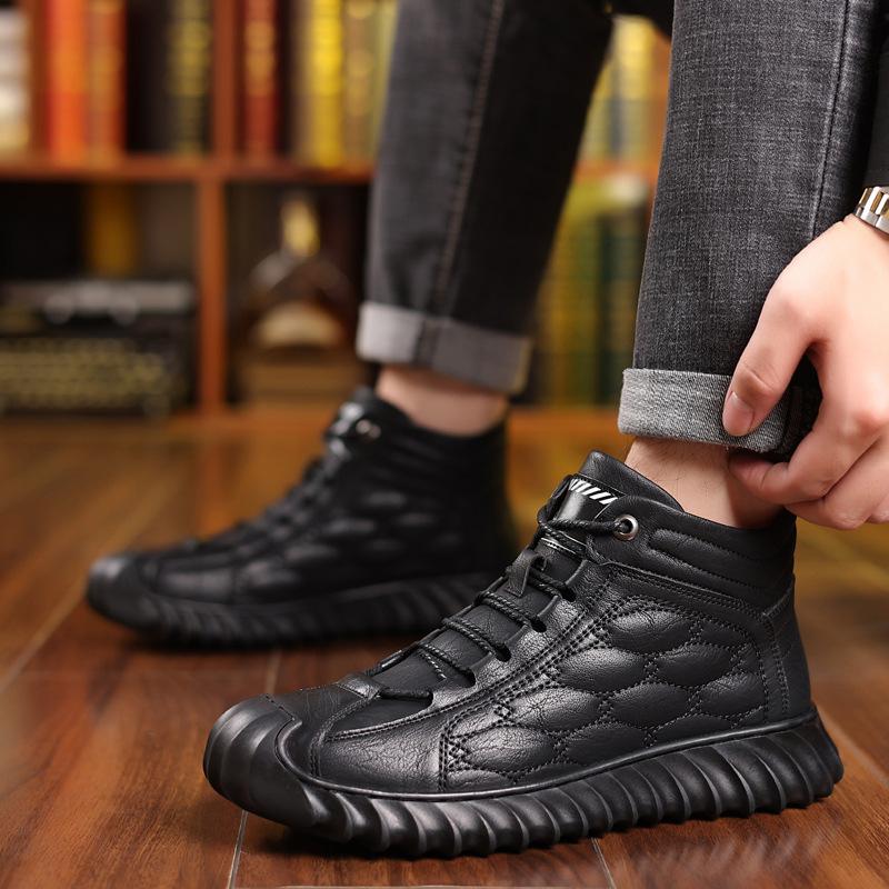 Fashion Non-Slip Cotton Shoes Men's Winter Warm Thickened Fleece-Lined Leather High-Top Snow Boots Integrated Wool Hair Casual Shoes