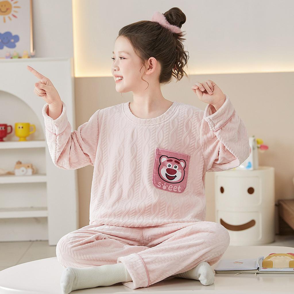 Kids Flannel Pajamas Set Boys Girls Warm Long Sleeve Top And Pants Sleepwear Winter Home Nightwear