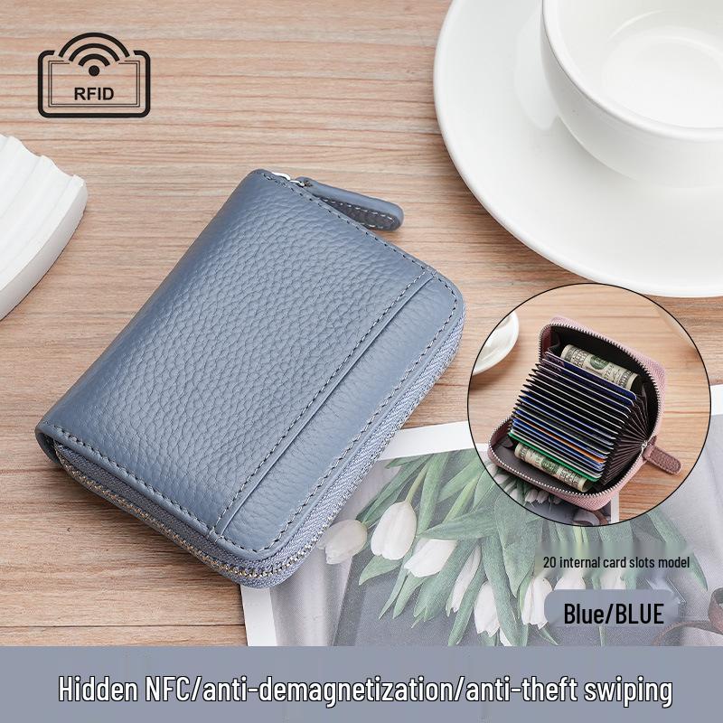 Women's Genuine Leather Zipper Card Holder - Anti-Demagnetization Multi-Slot Accordion Style