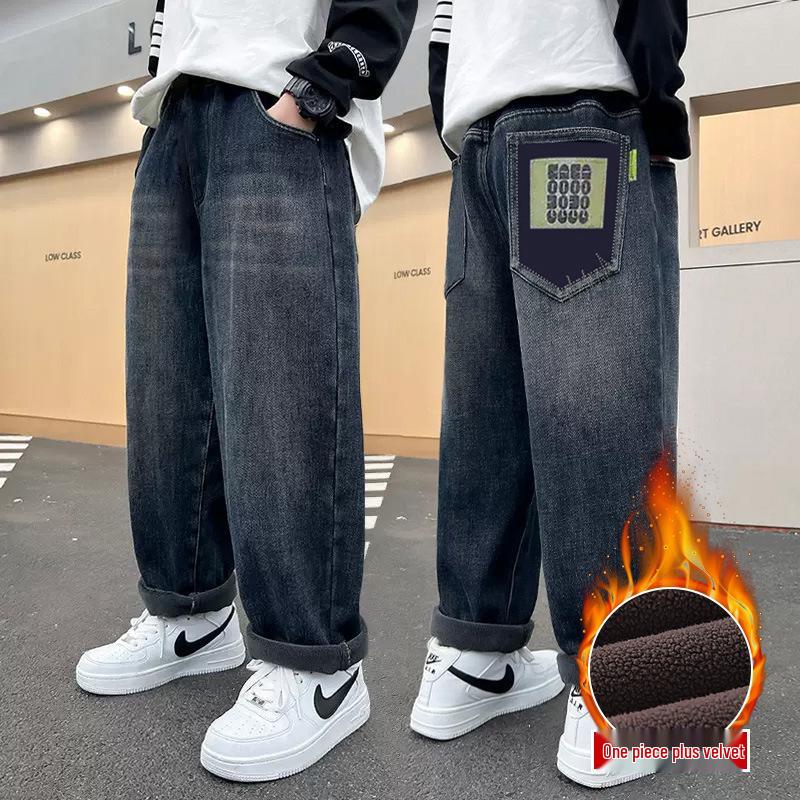 Chlapecké zateplené zimní džíny s fleecovou podšívkou - Teplé bavlněné kalhoty pro střední a velké děti (Kolekce 2025)