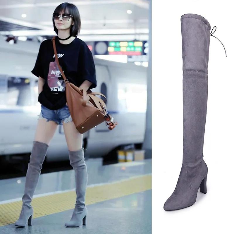 Women Over The Knee Boots Botas Mujer Invierno New Woman In Stretch Fabrics High Heel Slip On Shoes Pointed Toe Long Botte Femme