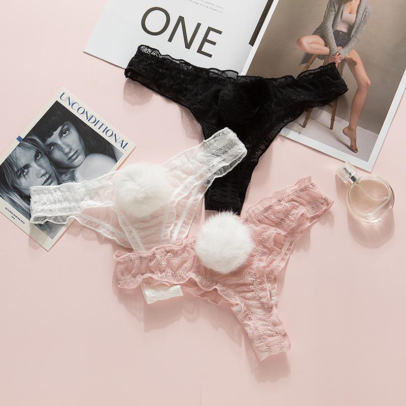 Japanese Low Waist Lace Thong with Removable Pom-Poms