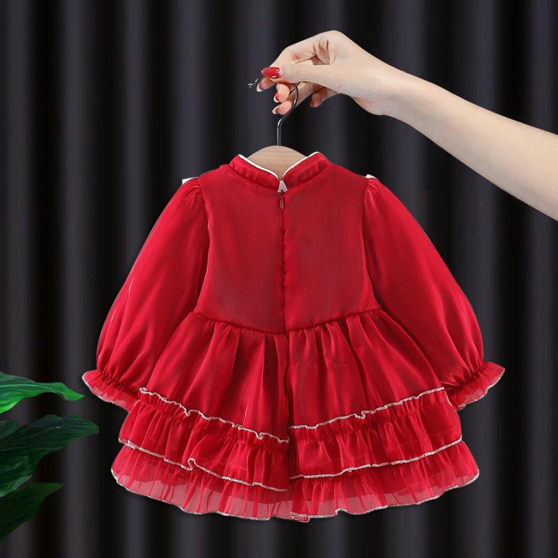 Children's Clothing Girls' Dress Autumn and Winter Children's Chinese Lace Embroidered Long Sleeved Princess Dress Baby
