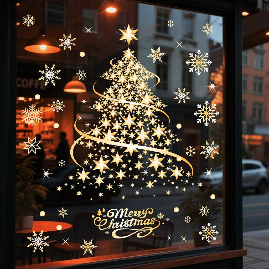 2PCS Christmas Stickers, Gold and Silver Christmas Trees, Snowflake Window Stickers, Glass Window Decorations