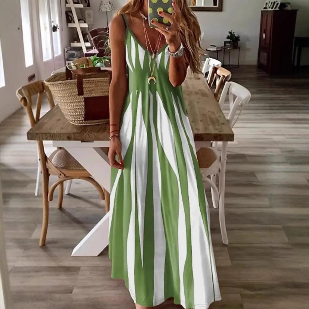 Women Casual Strap V Neck Striped Printed One Piece Dress