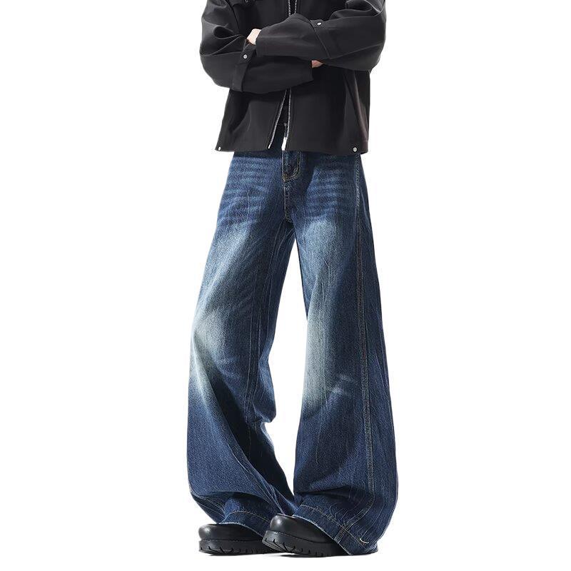 Retro Washed Wide-Leg Jeans: Unisex Dark Blue Whiskered Loose Fit
