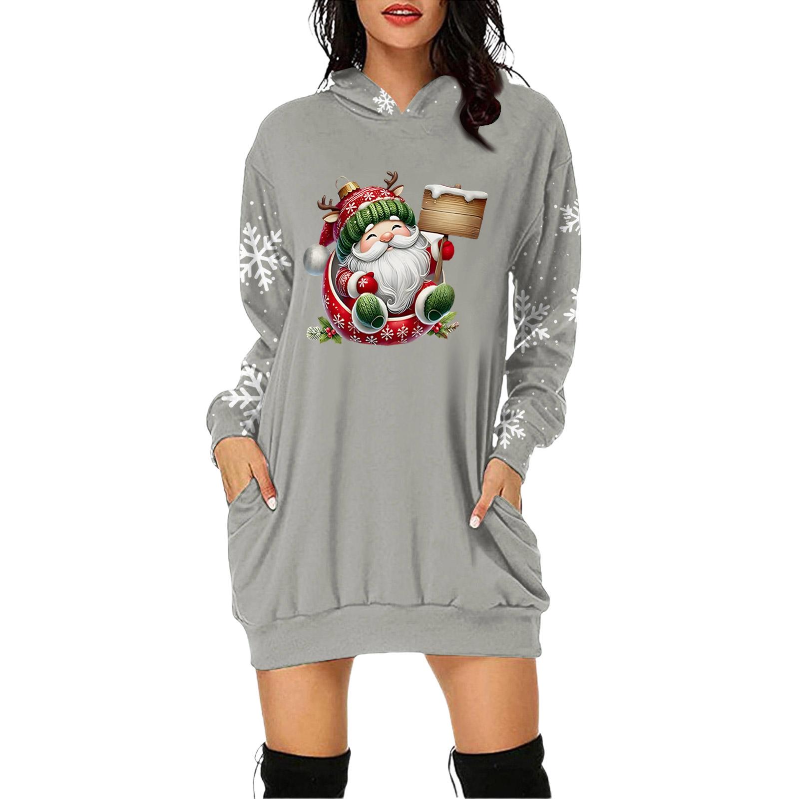 

Женское платье-пуловер с капюшоном и карманом с рождественским принтом и длинным рукавом XXL
