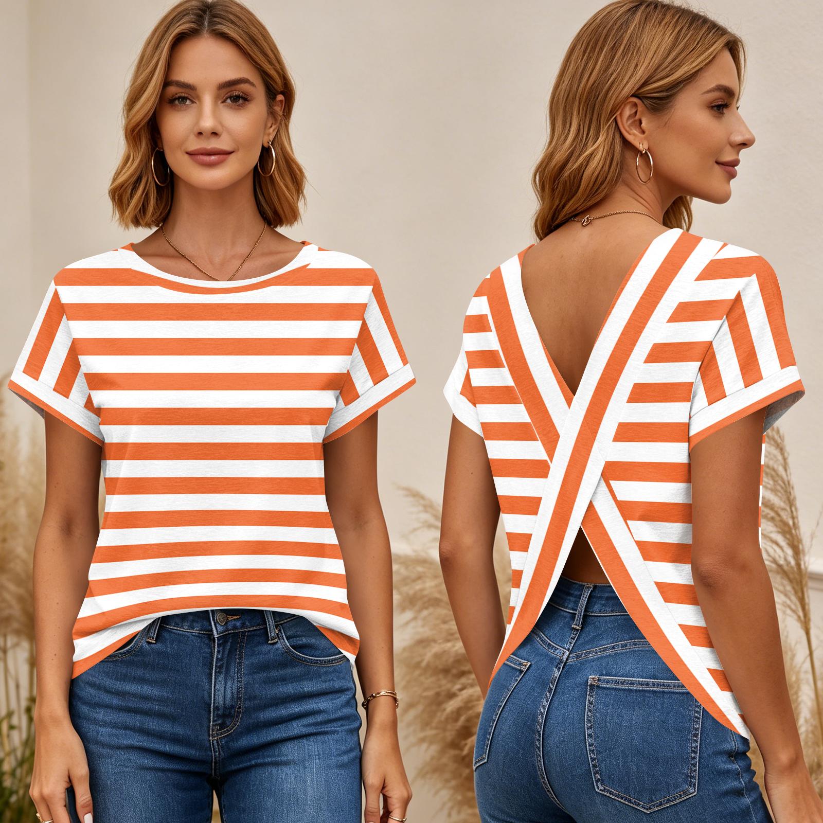 

Women s Short Sleeve Striped Print Top Cross Back Open Back T-Shirt Casual Summer Blouse Lightweight Soft Fabric XL оранжевый