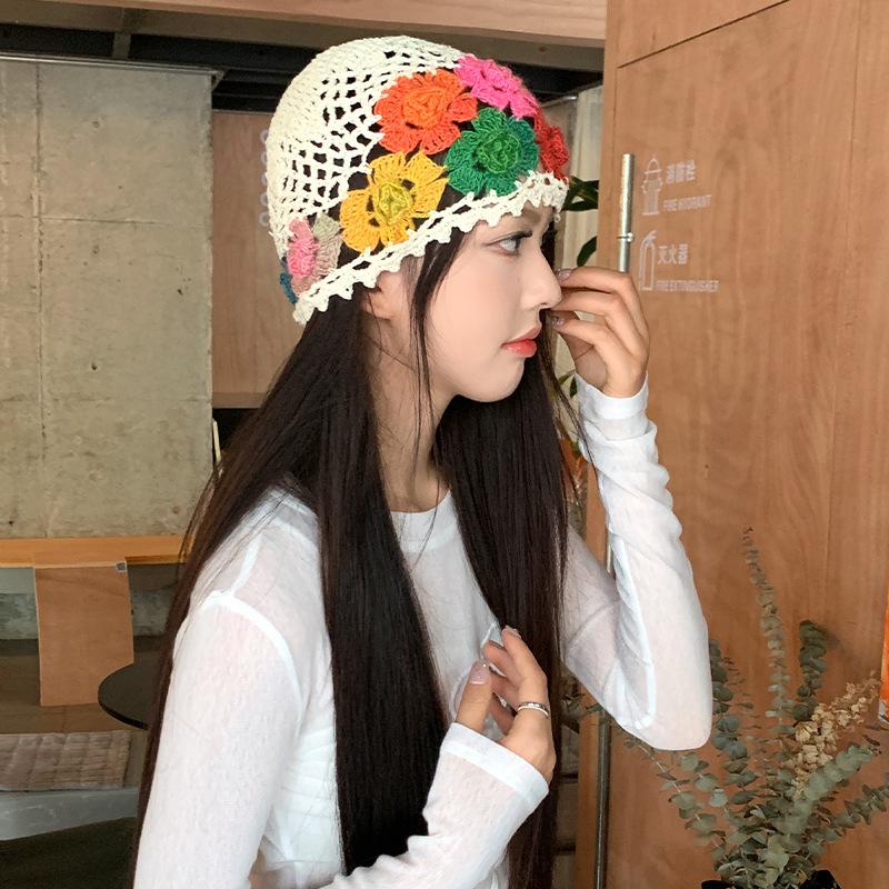 Literary and Artistic Color Knitted Hollow Flower Headgear Women's Summer Thin Cute Niche Hat Tide