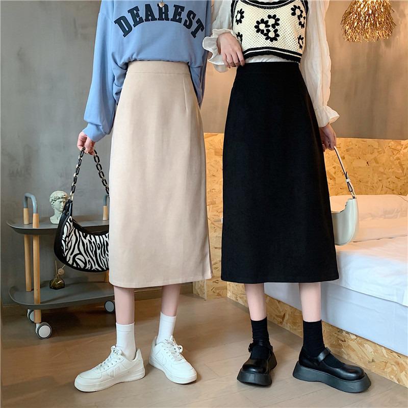 2024 Women's High Waist Midi A-line Skirt: Petite, Slimming, Black for Spring/Autumn