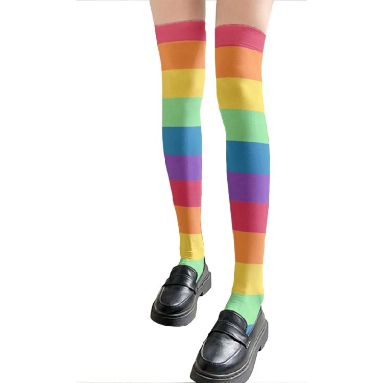 Damen Japanische Stile Anime Oberschenkelhohe Strümpfe Regenbogen Mehrfarbig Gestreiftes Muster Seide Über dem Knie Lange Socken Strumpfwaren