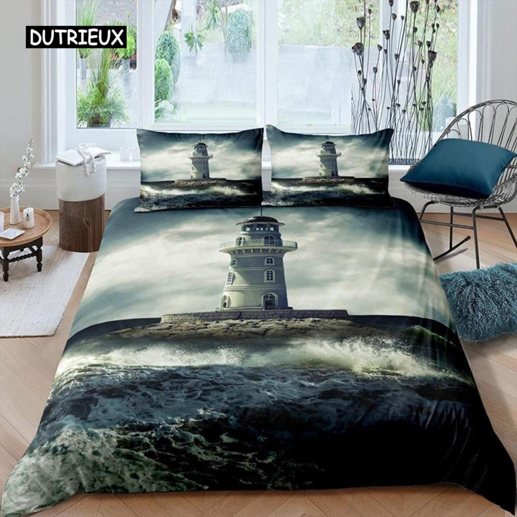 Lighthouse Duvet Cover Set Nautical Surfing Ocean Wave Bedding Set Queen Polyester Coastal Nature Theme Quilt Cover for Kids Boy