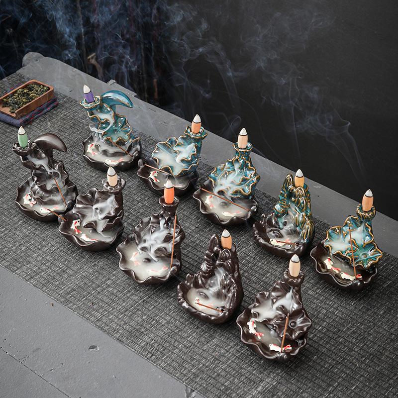 Double Fish Flowing Back Incense Burner Innovative Home Decor Waterfall Incense Ceramic Furnace Craft  Lotus Incense Burner