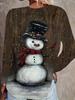 Christmas ladies' casual, seasonal clothing: Snowman printed round-neck long-sleeved loose top, basic T-shirts for spring and autumn