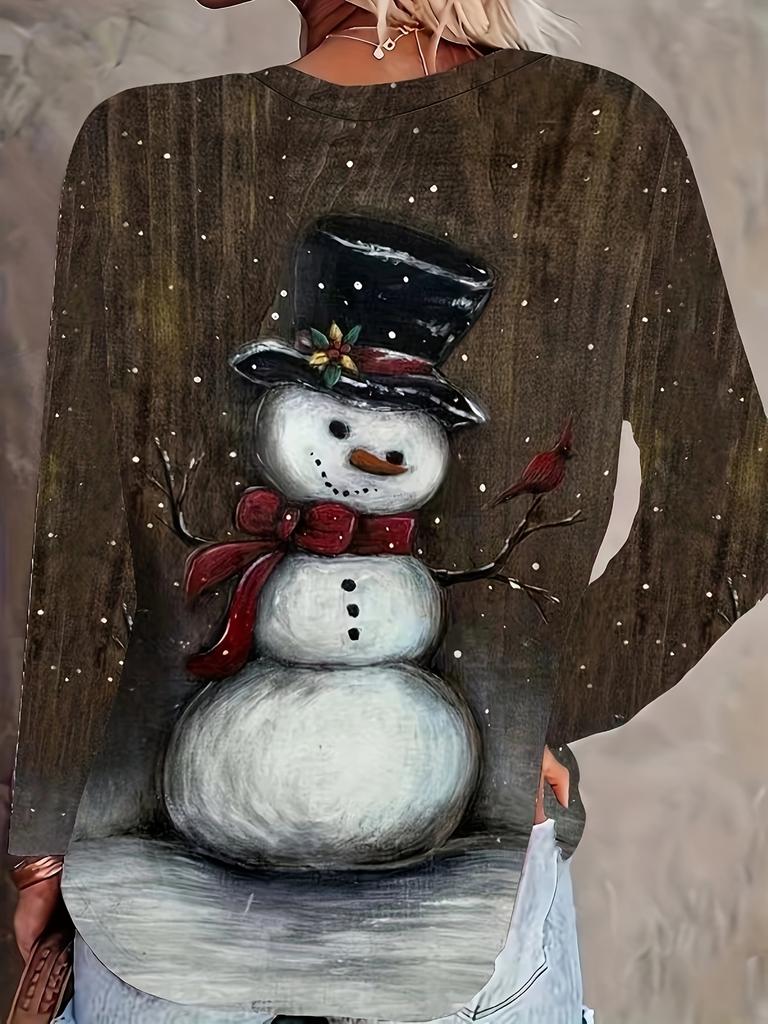 Christmas ladies' casual, seasonal clothing: Snowman printed round-neck long-sleeved loose top, basic T-shirts for spring and autumn