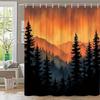 1Pc Sunset Forest Shower Curtain - Tranquil Nature Landscape With Evergreen Trees & Misty Mountains, Orange & Yellow Sky Design,