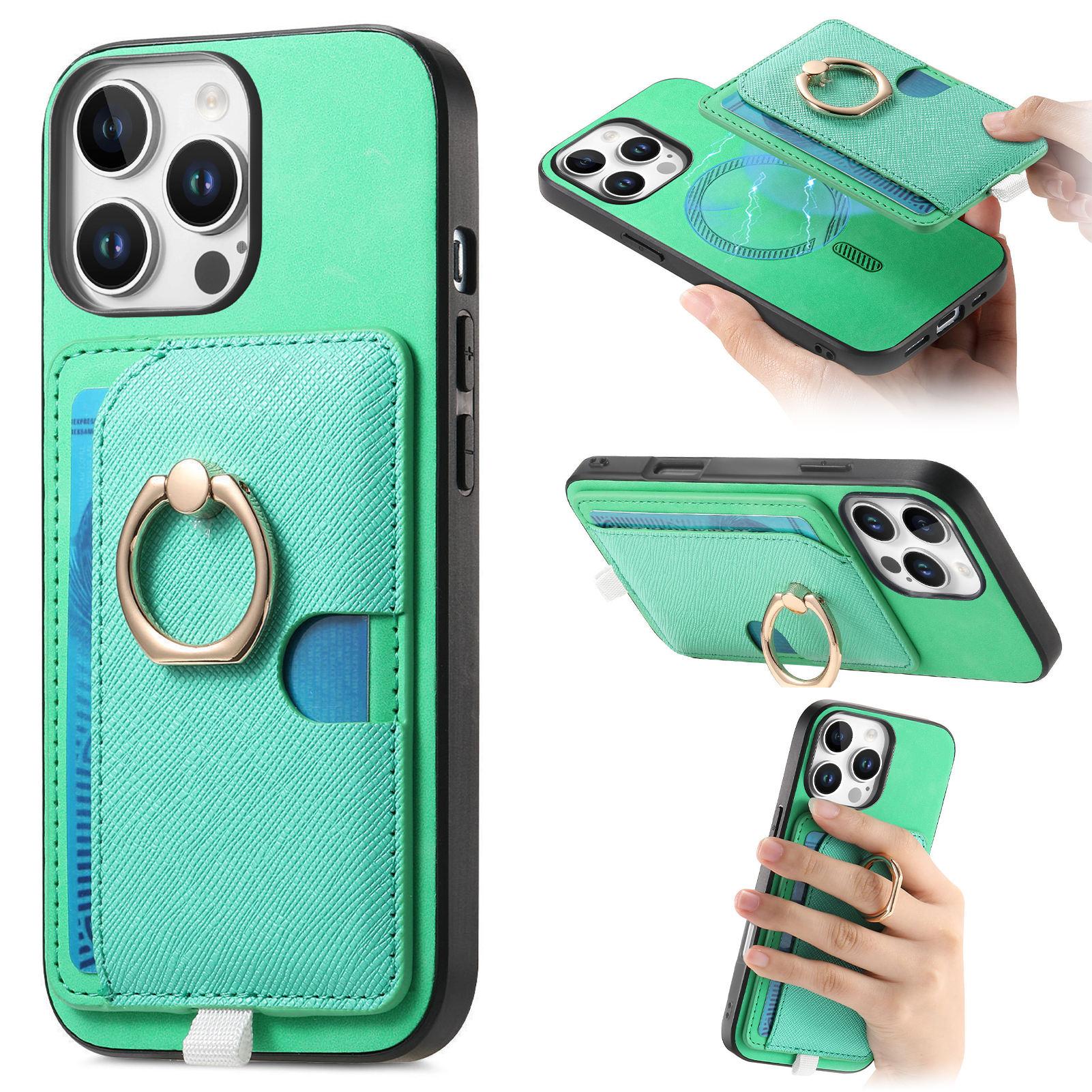 

For iPhone 16 Pro Case Ring Kickstand Leather+TPU+PC Phone Cover Detachable 2-in-1 Card Holder Green