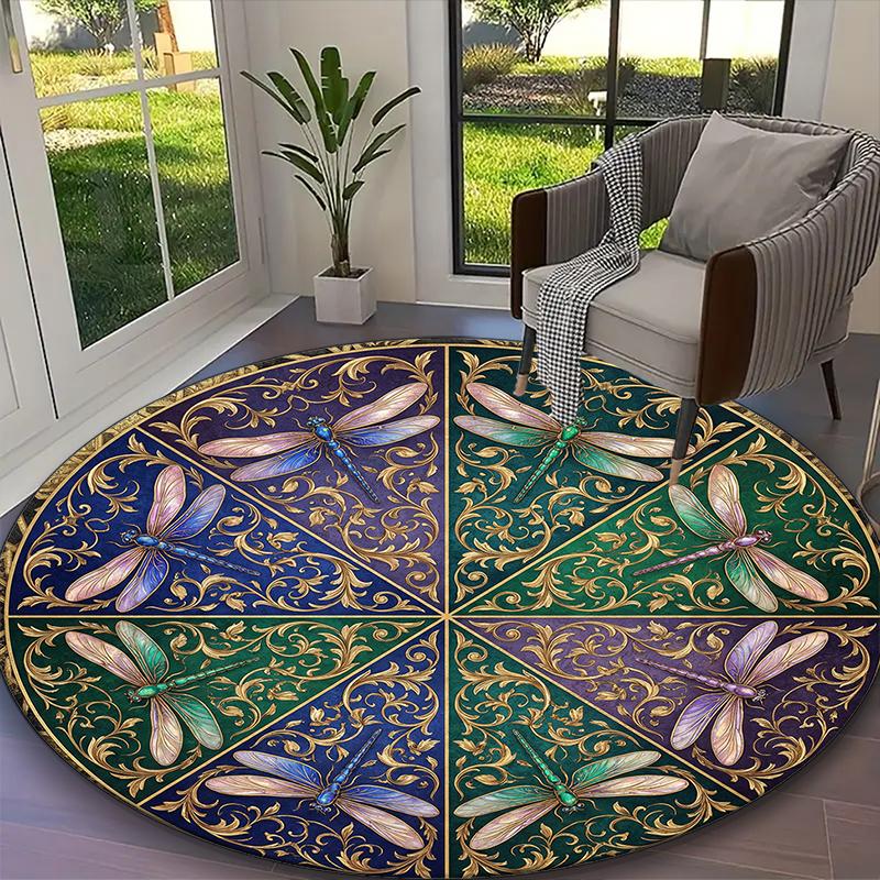 1pc Soft White Wildflower Dragonfly Garden Printed Chair Rug for Home Office Use, Living Room Kitchen Game Room Round Carpet