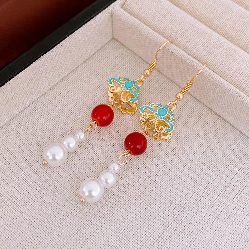 Retro Hollow Out Lotus Jade Ancient Earrings Chinese Style Earrings Women Ear Drop Ear Accessories