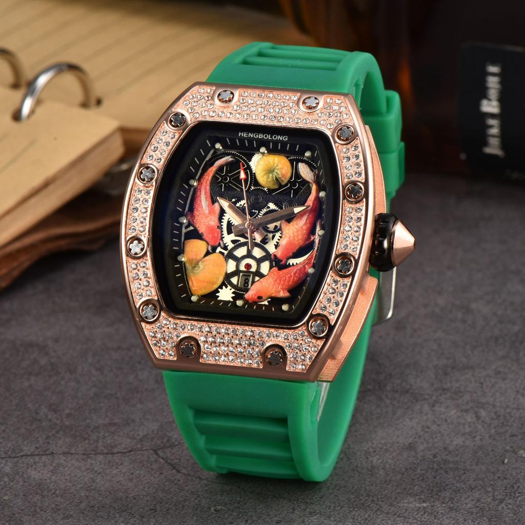 2025 Hengbolong Diamond Quartz Watch Men's Fashion Koi Pattern Strap Calendar Silicone Watch Strap