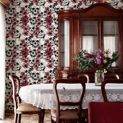 Red Skull Halloween Peel And Stick Wall Cover Retro Self Adhesive Floral Skull Decor Contact Paper Water-Repellent Cabinet Sticker