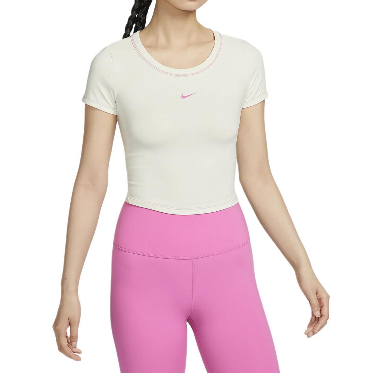 

Женский топ Nike Dri-Fit One облегающего кроя с круглым вырезом, приталенный, быстросохнущий, с коротким рукавом, парусиново-белый HM4584133 XL