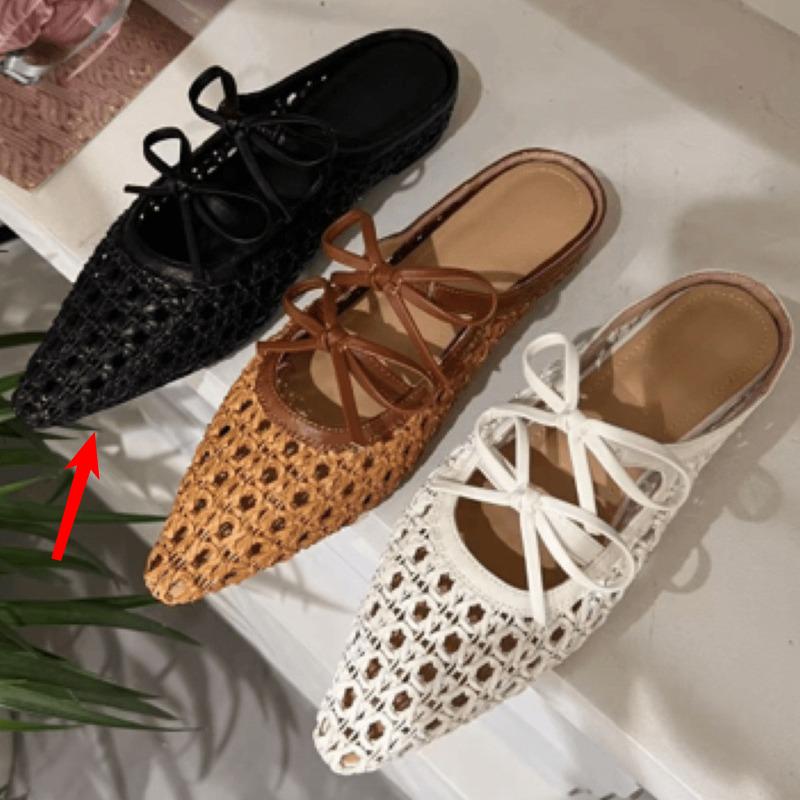 Women Weave Slippers Lace Up Flats Sandals Woman Shoes Summer Trend 2025 New Bow Shallow Slides Walking Cozy Zapatillas De Mujer