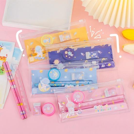 6Pcs/Set Kids Cartoon Stationery Set with 2 Pencils Eraser Sharpener Ruler Transparent Case Students School Supplies Classroom Prizes Gifts