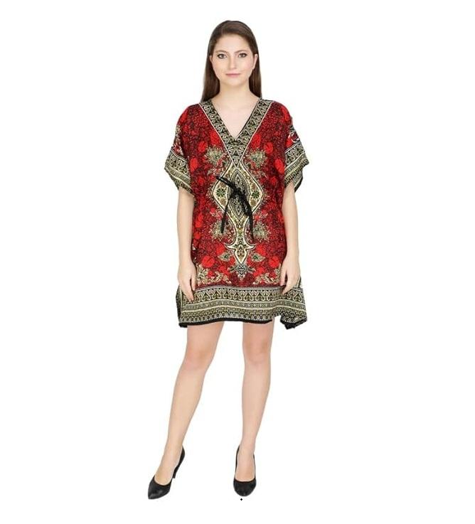 TreegoArt Fashion Women's Polyester Short Kaftan Caftan Printed Adjustable Boho Dress Nightwear Maxi Gown