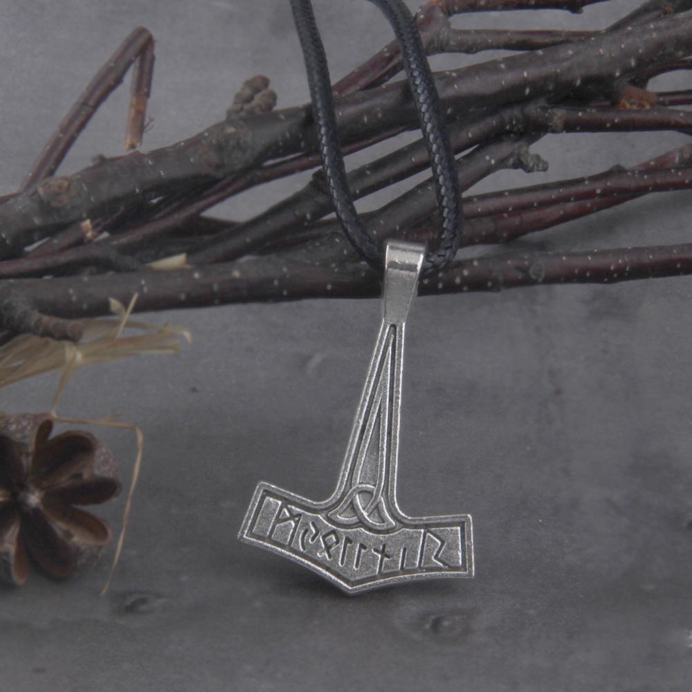 Viking Jewelry Antique Silver Thor Hammer Pendant Necklace with Cotton Chain Rune