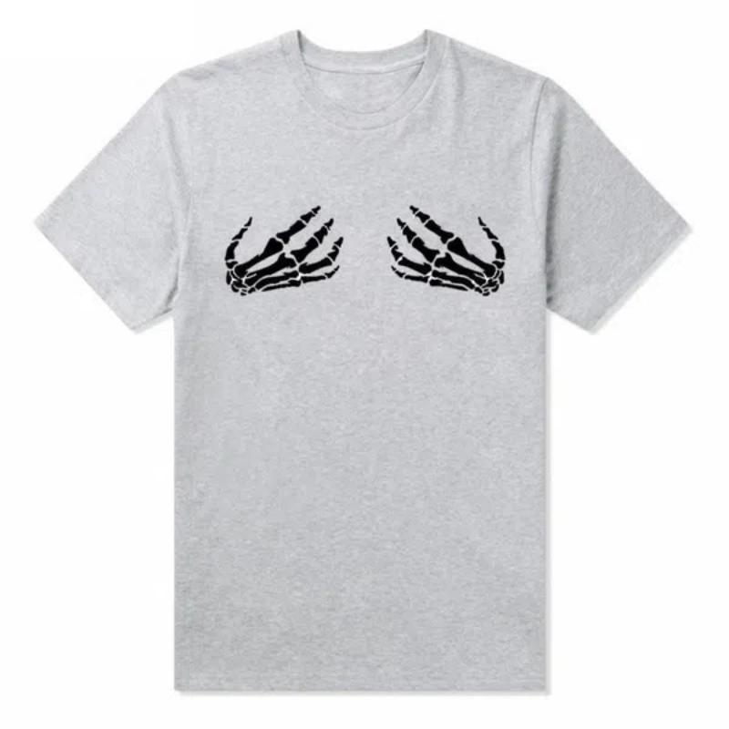 Summer T-Shirt for Women Harajuku Punk Cotton Skull Skeleton Hand Printed Casual Loose Female T Shirt Tops Tees