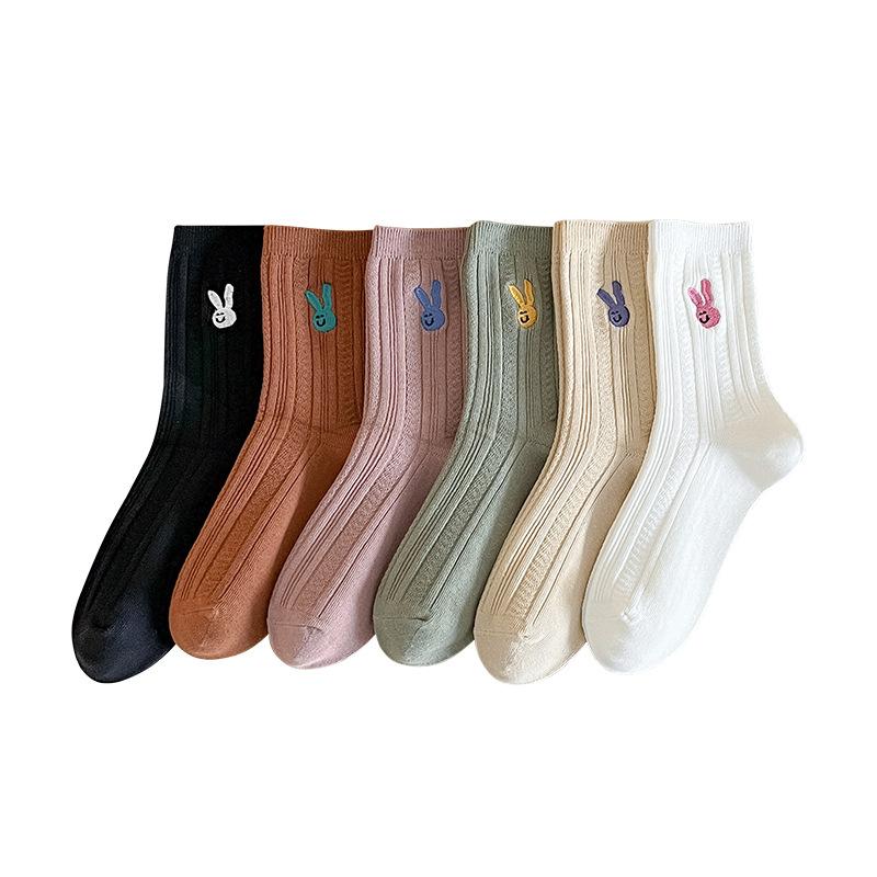 Female Spring and Autumn Solid Color Striped Bunny Embroidery Boneless Drum Pile Pile Socks
