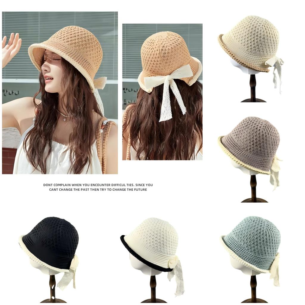 Summer Hollow Sun Hat Korean Version Fashion Bow Lace Bucket Hat New Fisherman Sunscreen Outdoor Beach Sun Hat Travel Panama Cap