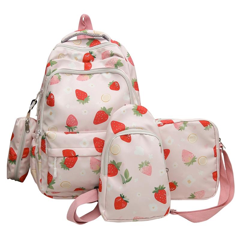 Four-Piece Strawberry Schoolbag Travel Backpack Women's Large Capacity Printed Backpack for Students