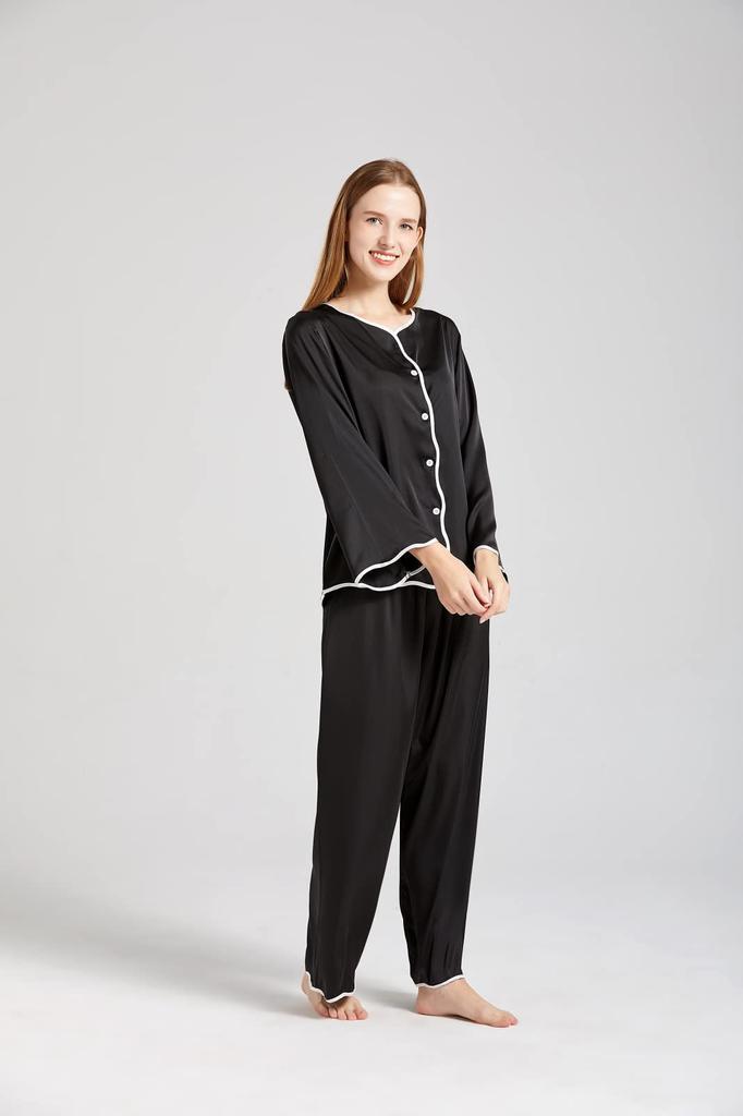KUMASEN Silk Satin Pajama Long Open Size L Women's 100% Set, Loungewear, Sleeves, Skin-Friendly, Front, Black,