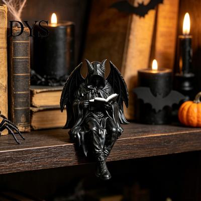 Dark Eye-catching Figurine Gothic Fantasy Reading Figurine, Mystery Hooded Figure Sculpture, Resin Sculpture Sitting Grim Reaper Statue for Bookshelf,