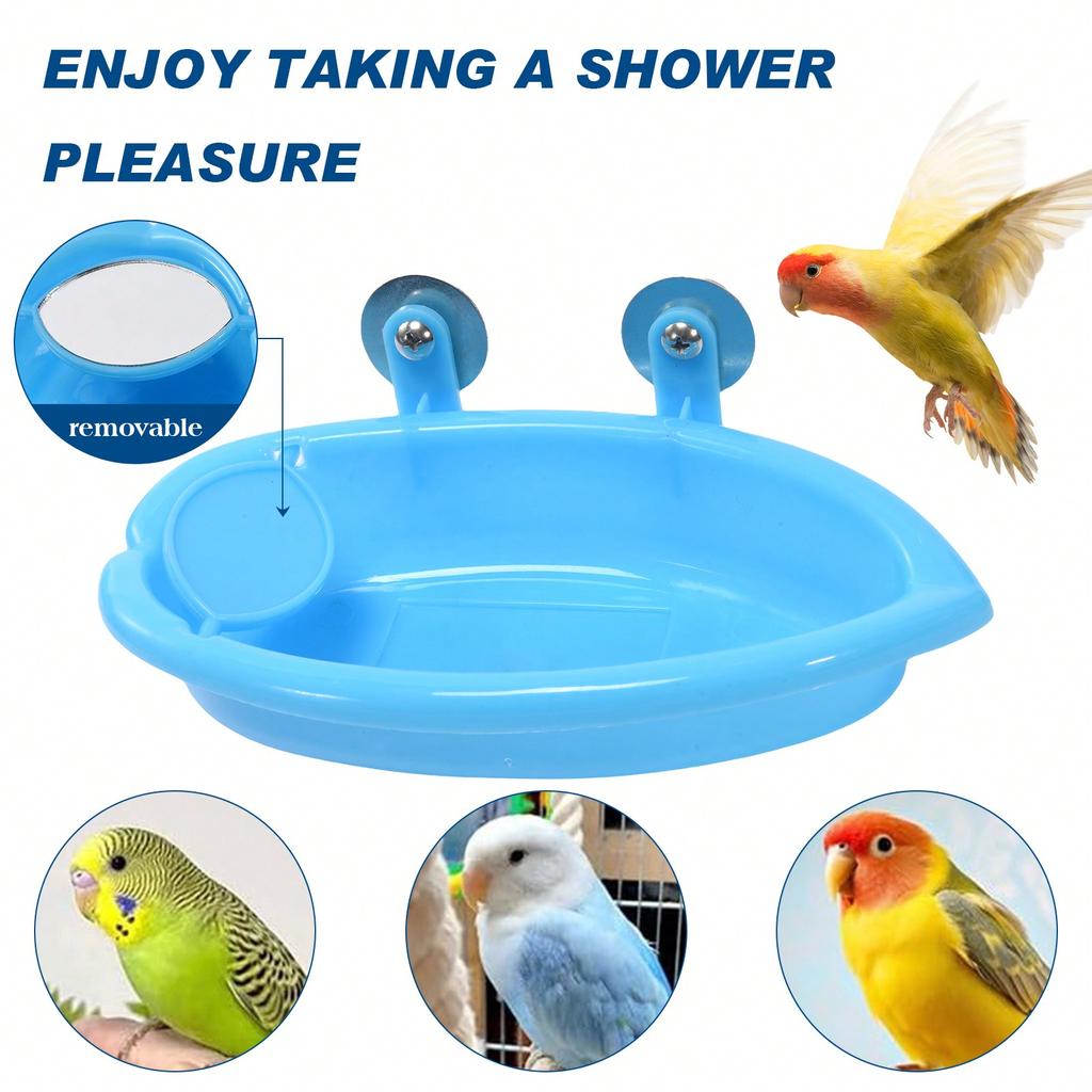 1 Pc Blue Bird Bath Bowl with Mirror, Detachable, Tiger Lily & Parrot Pattern Bathtub, Suitable for Food & Water, Can Be Used As Bird Nest/Cage