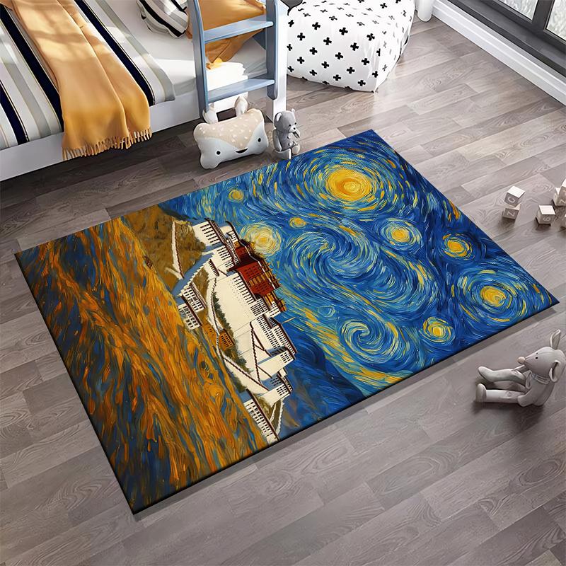 "Starry Night-Inspired Landscape Rug with Mountain Architecture Design" Suitable for Use As an Anti-slip for Living Room Bedroom Sofas