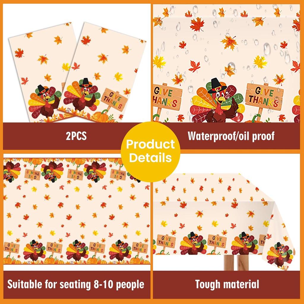2PCS Thanksgiving Turkey Tablecloth Set, Disposable Plastic Rectangle Table Cover for Holiday Dining Decor, Festive Autumn Leaves Fall Theme, 54" X