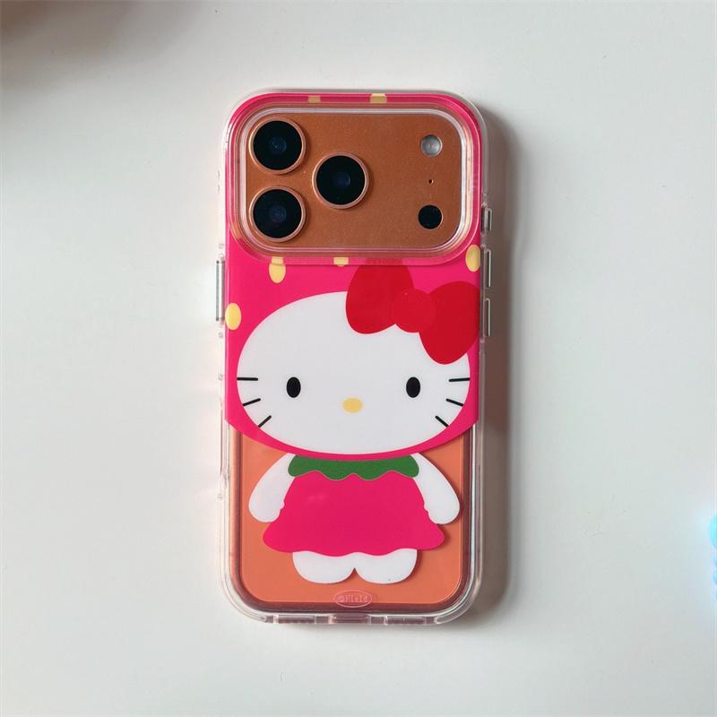 Kawaii Red Bow Cat Case For iPhone 17 16 15 14 Pro Max with Strawberry Outfit, Beaded Strap and Airbag Bumper Shockproof Cover