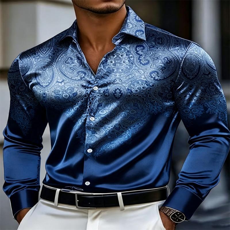 Men Luxury Satin Paisley Jacquard Shirt Long Sleeve Slim Fit Button Up Dress Shirts Male Business Wedding Party Banquet Formal