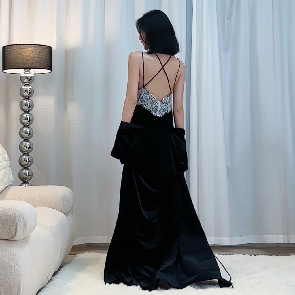 Golden Velvet Sexy Pajamas Women's Chest Pad Suspender Pajamas Two-piece Set Long Over Knee Pure Desire High-end Homewear