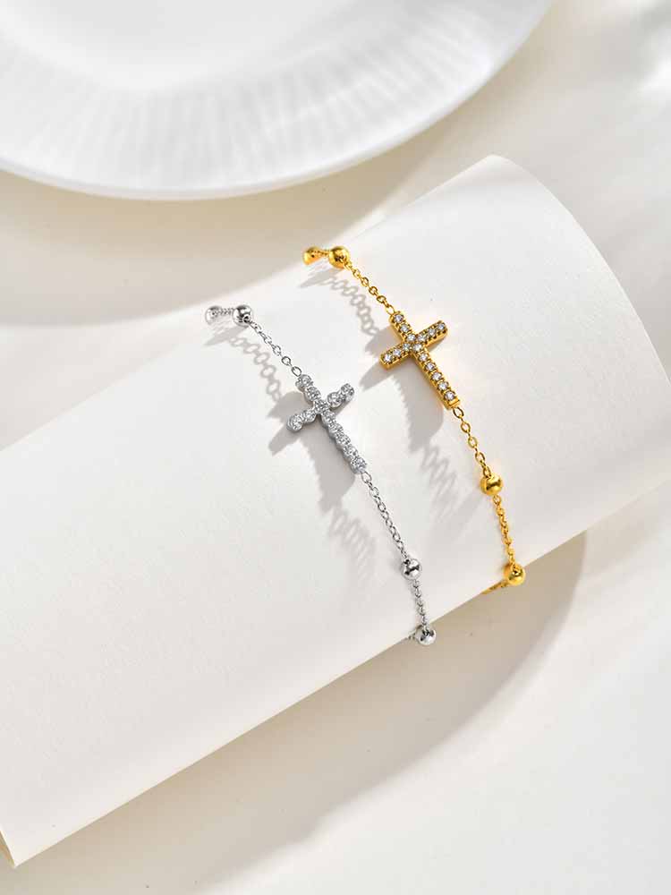Zierliches Reiskorn Zirkon Kreuzarmband für Damen Edelstahl Kreuzarmbänder Exquisites Oster Schmuckgeschenk